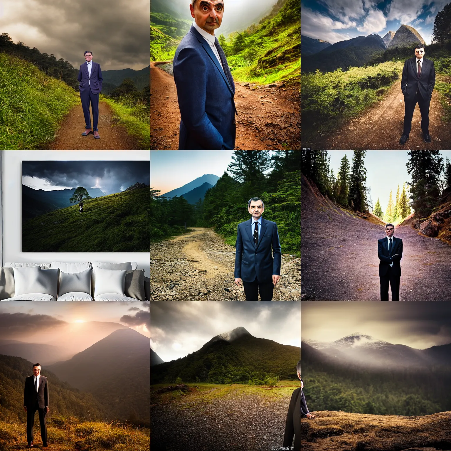 Prompt: portrait of mr bean, gorgeous lighting, dramatic lighting and composition, award winning photograph, mountain forest in background