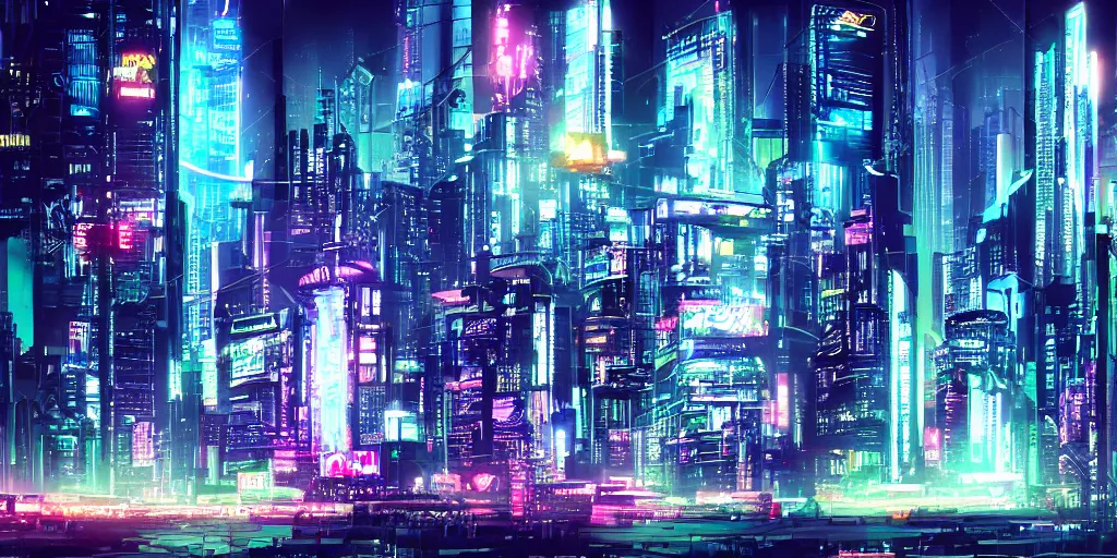 Prompt: cyberpunk cityscape with neon lights and skyscrapers, drawn in manga style, bleak, high detail