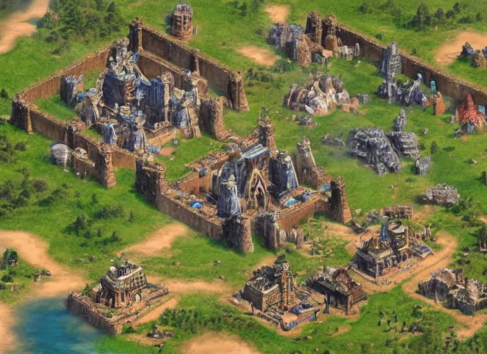 Image similar to isometric map of age of empires video game, procedural, top down, AOE2 , civilization, river, cave, mountain, futuristic , alien, buildings, digital art,realistic,detailed,art by greg rutkowski