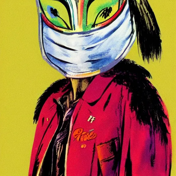 Prompt: illustration of model in plastic bird mask wearing baggy colorful 9 0 s jacket by frank frazetta.