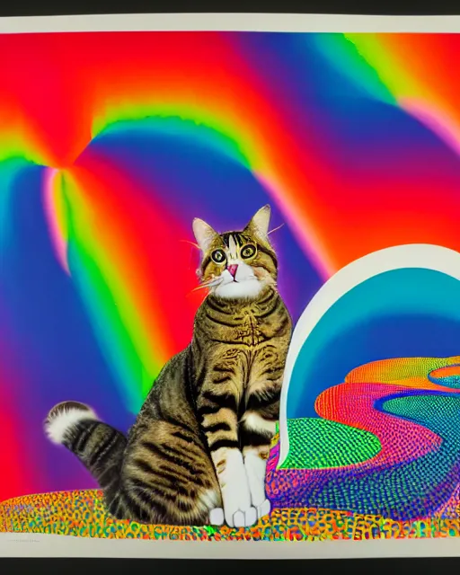 Prompt: a giant contraption for probing and amplifying the thoughts of a fluffy cat, exhibited and touted by its inventor at a county fair in rural Kansas, a Victorian lithograph, by Felipe Pantone, Lisa Frank