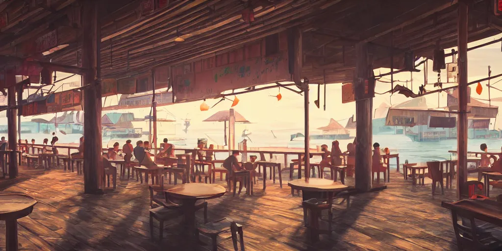 Image similar to interior of a kopitiam at pulau indah fishing village, near a jetty, early morning, hyperrealistic, detailed matte painting, low angle view, telephoto lens, bokeh, studio ghibli, artstation