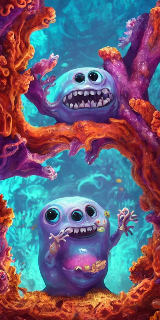 Image similar to of a colorful under water cave with strange cute friendly happy creatures with huge eyes, mouth, long tongue and round teeth appearing from sandy coral, in the style of gehry and gaudi, macro lens, shallow depth of field, ultra detailed, digital painting, trending artstation, concept art, illustration, cinematic lighting, photorealism, epic, octane render