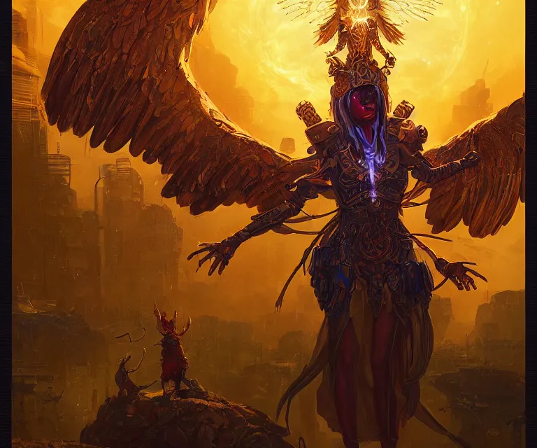 Image similar to a beautiful tarot card artwork of a cyberpunk seraphim in nature, backlit, highly detailed, golden hour, digital painting, by eddie mendoza and greg rutkowski and dan mumford and artgerm, vivid colors, masterpiece, detailed shading, 8 k resolution, intricate, smooth