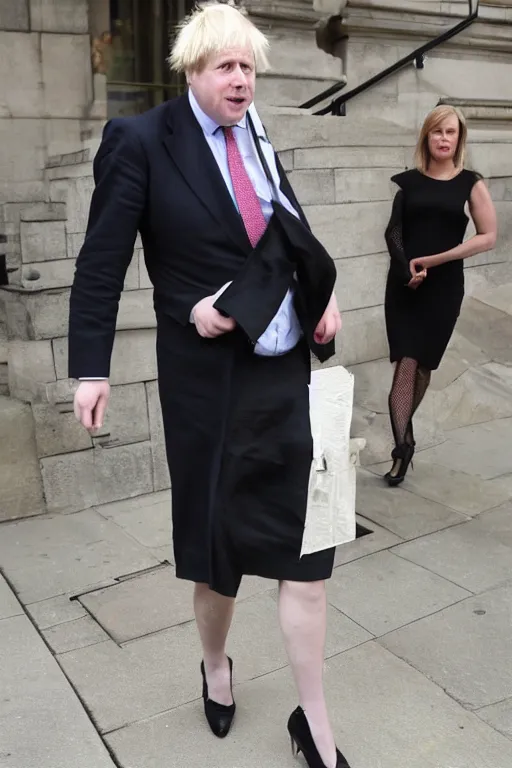 Prompt: boris johnson wearing a mini black dress with high heels and stockings