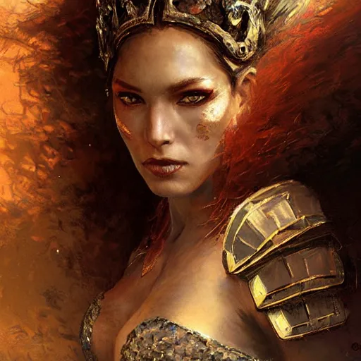 Image similar to a fiercey warrior princess in scale mail, fantasy character portrait by greg rutkowski, gaston bussiere, craig mullins