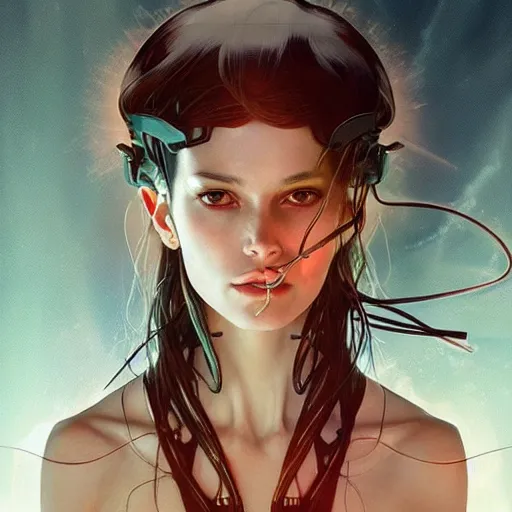 Prompt: female robot, cybernetic paintbrush, robotic arm, incredibly detailed face, pretty face, true anatomy, art by artgerm and greg rutkowski and alphonse mucha