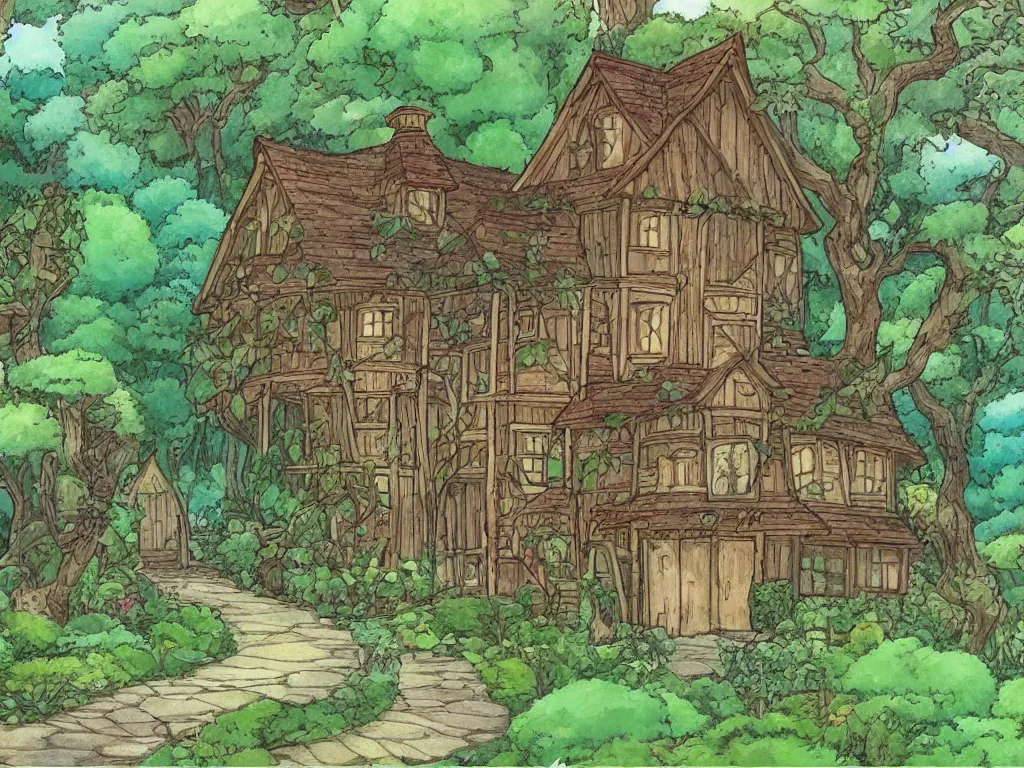 Prompt: garden wood house in the style of studio ghibli