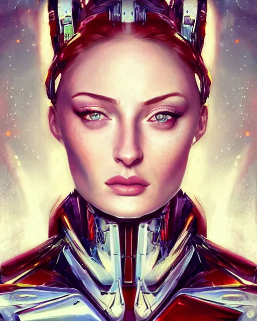 Prompt: Sophie Turner as a cyborg mecha queen, face portrait by Ross Tran and Angel Ganev and Salvador Dali, highly detailed, trending on artstationhq