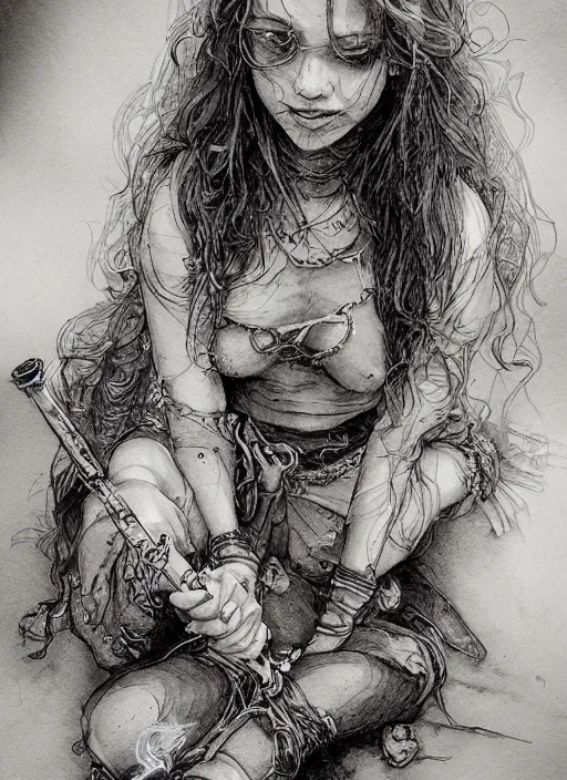 Image similar to portrait, beautiful Stoner hippy girl, sitting cross-legged, smoking a magical bong, watercolor, dramatic lighting, cinematic, establishing shot, extremely high detail, foto realistic, cinematic lighting, pen and ink, intricate line drawings, by Yoshitaka Amano, Ruan Jia, Kentaro Miura, Artgerm, post processed, concept art, artstation, matte painting, style by eddie mendoza, raphael lacoste, alex ross