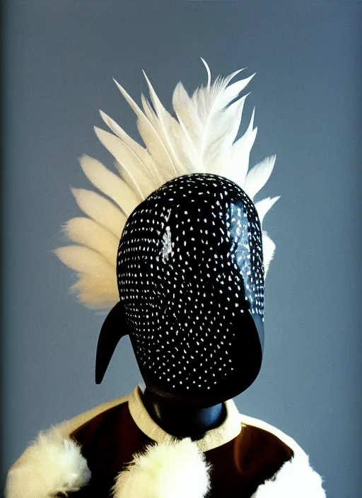 Prompt: realistic photo of a black helmet with pattern of white dots, brass beak, white clay mask, ears made of white feathers 1 9 9 0, life magazine reportage photo, natural colors