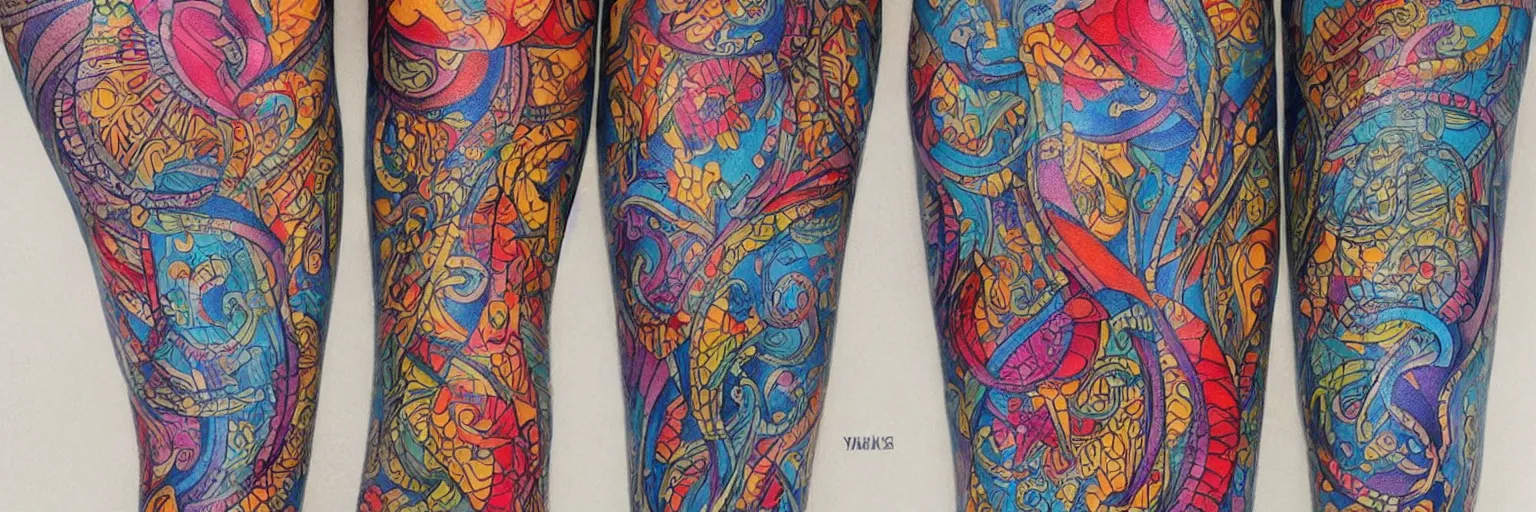 Prompt: intricate colorful tattoos design pattern for legs, by yakuzas, art on a canvas