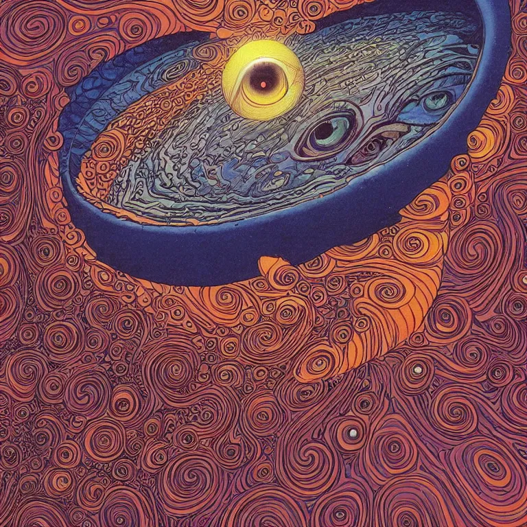 Image similar to an illustration of a giant eye surrounded by many strange things, a comic book panel by jean giraud moebius, behance, psychedelic art, salvia, tesseract, lovecraftian, cosmic horror