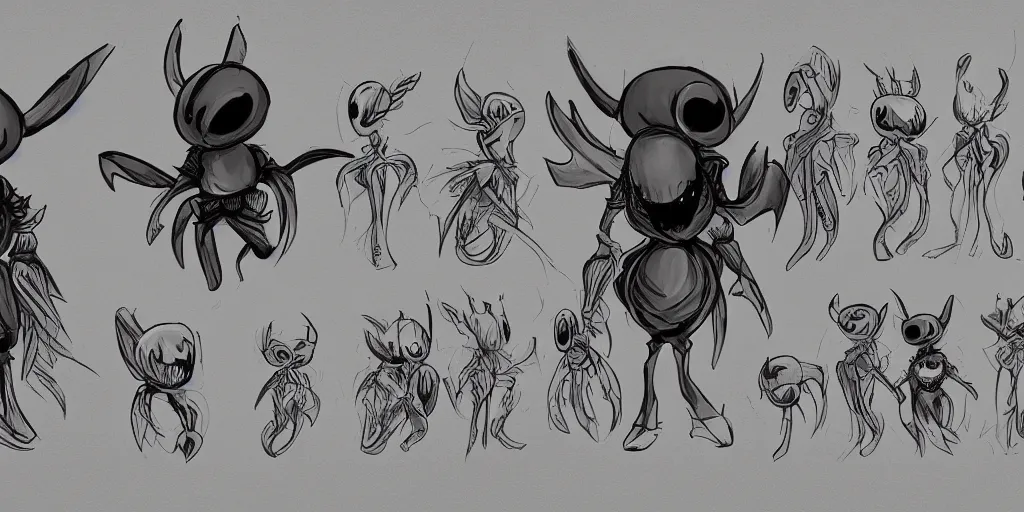 Image similar to cartoonish hollow knight, character sheet, fine details, concept design, contrast, front view, back view, ultra wide angle