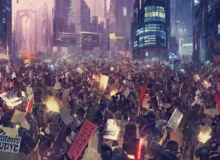 Prompt: angry protesters holding placards, digital illustration by greg rutkowski, cyberpunk, android netrunner