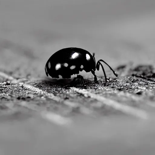 Image similar to a ladybug with six legs and a black head crawling on a sidewalk, it is night and raining, bushes in the background, street lamps are illuminating the street, moody lighting, peaceful atmosphere, digital art, highly detailed, high contrast, beautiful lighting, award winning, trending on art station, 8 k,