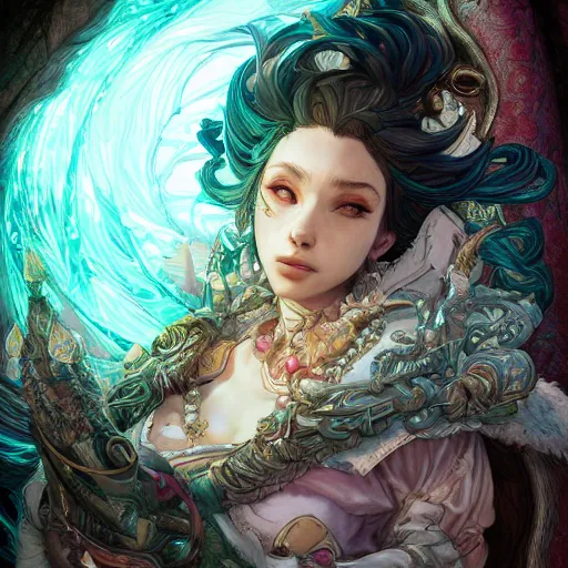 Image similar to the portrait of chaotic good female druid alchemist as absurdly beautiful, gorgeous, elegant, gravure idol, an ultrafine hyperdetailed illustration by kim jung gi, irakli nadar, intricate linework, sharp focus, bright colors, octopath traveler, final fantasy, unreal engine 5 highly rendered, global illumination, radiant light, detailed and intricate environment