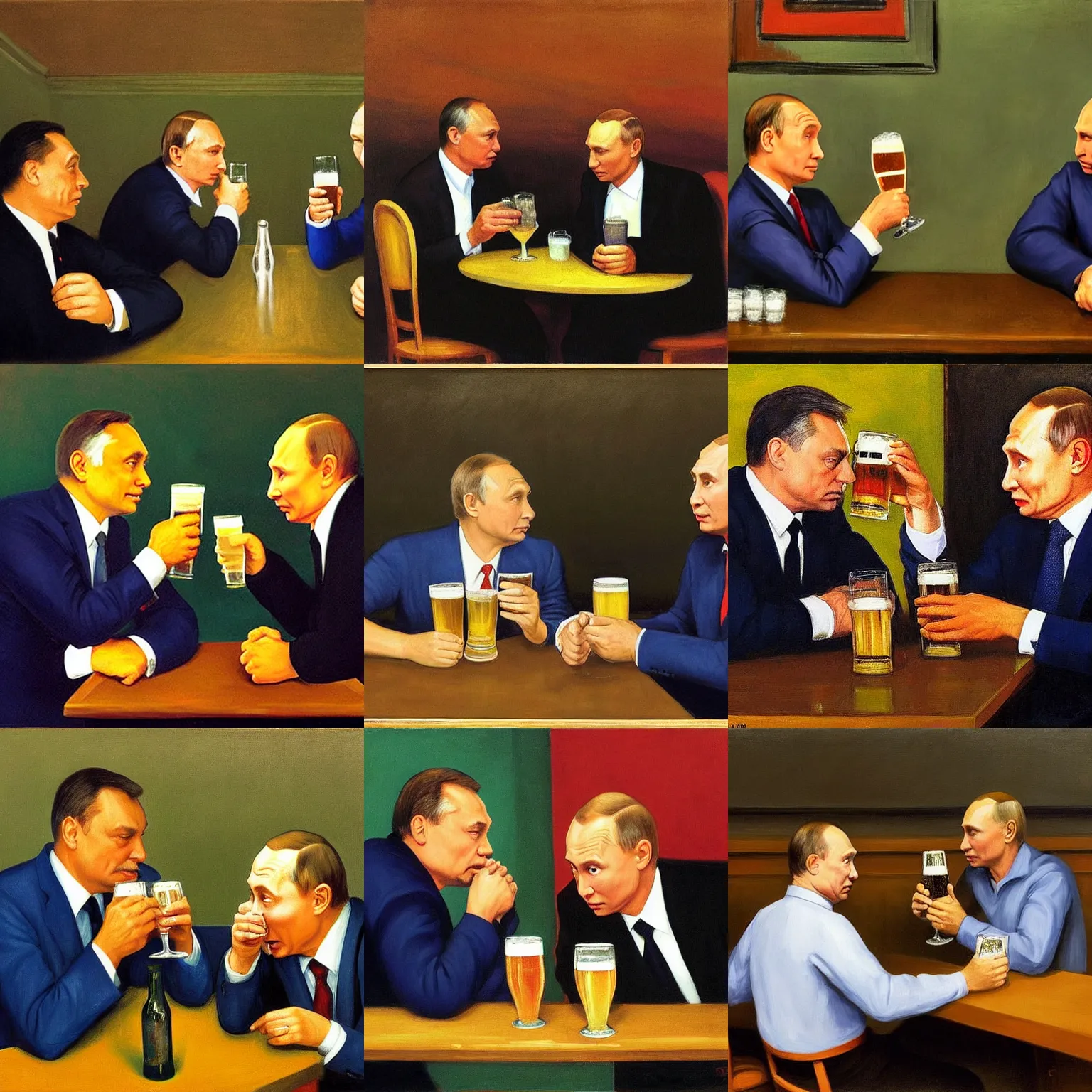 Prompt: viktor orban and vladimir putin drinking beers in a pub, by edward hopper
