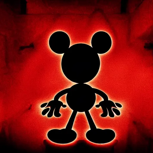 Image similar to A demon that looks like Mickey Mouse, photorealistic, film still, desolate, terrifying, weird, strange, odd, uncanny, horrifying, horrific, spine-chilling, sinister, menacing, ominous, threatening