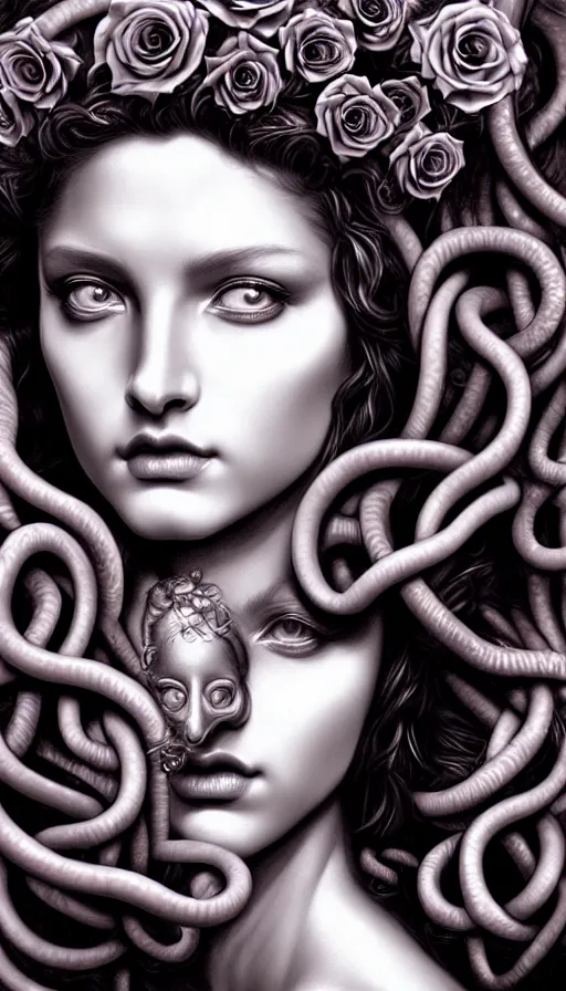 Image similar to , medusa, symmetrical portrait, realistic, full body, black rose, rich detail, by stanley artgerm photo - grade