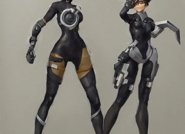 Image similar to a highly detailed beautiful portrait of tracer from overwatch as 2 b nier automata wearing a skintight suit!!, concept art!!, by gregory manchess, james gurney, james jean