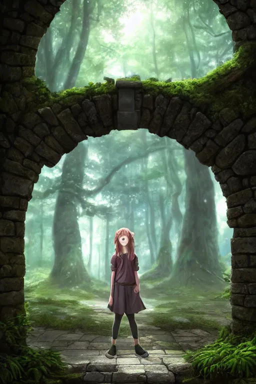 Image similar to a highly detailed matte painting of a teenager with shaggy hair and hip clothes standing in front of a stone gate in the elven forest ruins, by studio ghibli, by artgerm, by wlop, by greg rutkowski, detailed face, perfect eyes, volumetric lighting, octane render, 4 k resolution, trending on artstation, masterpiece