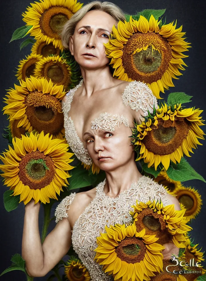 Prompt: photo portrait of Vladimir Putin - sunflowers - dressed in long elegant intricate ornamental sunflower dress, natural skin tone, highly detailed realistic flowers ornament in the upper side of breast, hair and wrinkles are intricate with highly detailed realistic flowers, elegant, Realistic, Refined, Highly Detailed, natural soft pastel lighting colors scheme, fine art photography by Cecil Beaton, volumetric lighting, hyper realistic photography
