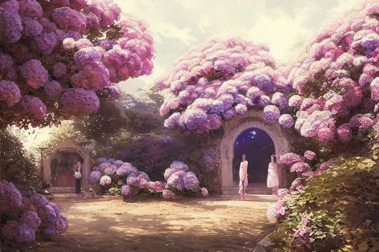 Prompt: a beautiful painting of the garden of hydrangea, shrine, two people, by greg rutkowski, trending on artstation