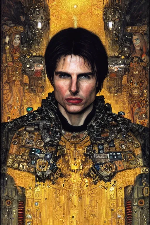 Prompt: portrait of gothic Tom Cruise holy priest, cyberpunk, Warhammer, highly detailed, artstation, illustration, art by Gustav Klimt