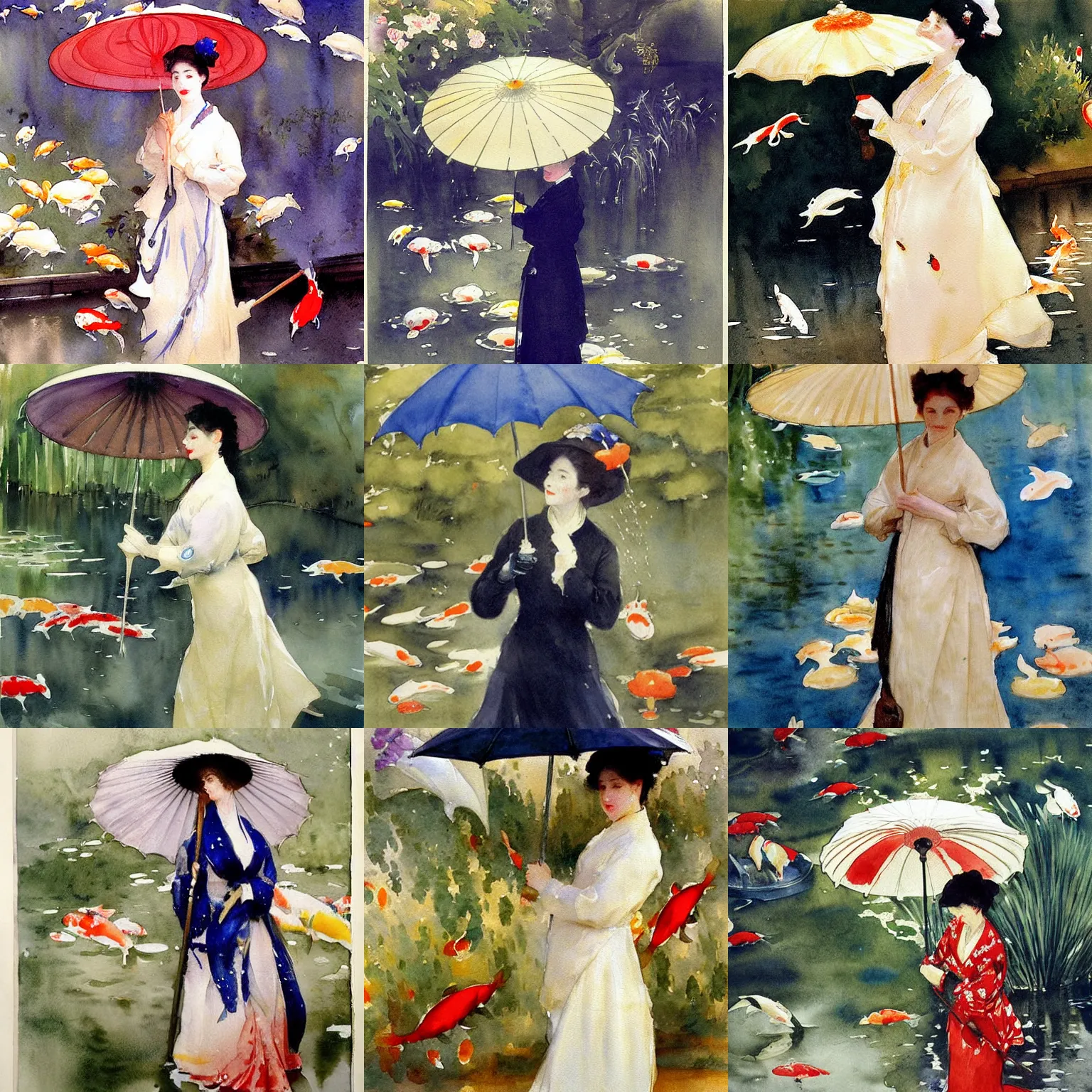 Prompt: woman with parasol, raining koi, intricate watercolor painting by john singer sargent