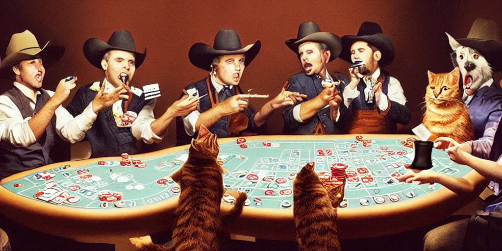 Image similar to five cats playing Texas holdem poker, smoking cigarettes and singing