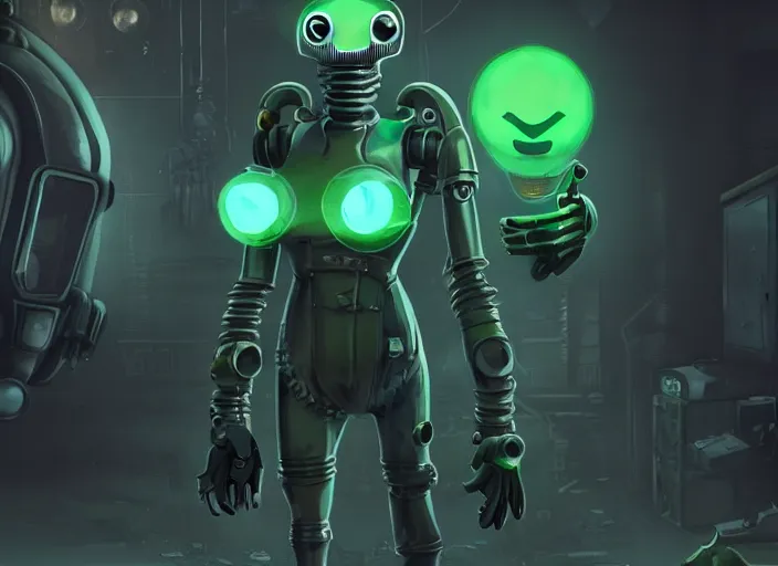 Image similar to anthropomorphic cyber penguin in fallout 4, glowing green eyes, claws, horror scene, artgerm, rutkowski, tooth wu, beeple, and intricate