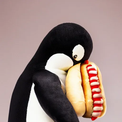 Prompt: A penguin plush holding a hotdog. Beautifully made, detailed, cute, soft. High quality, studio lighting, product image