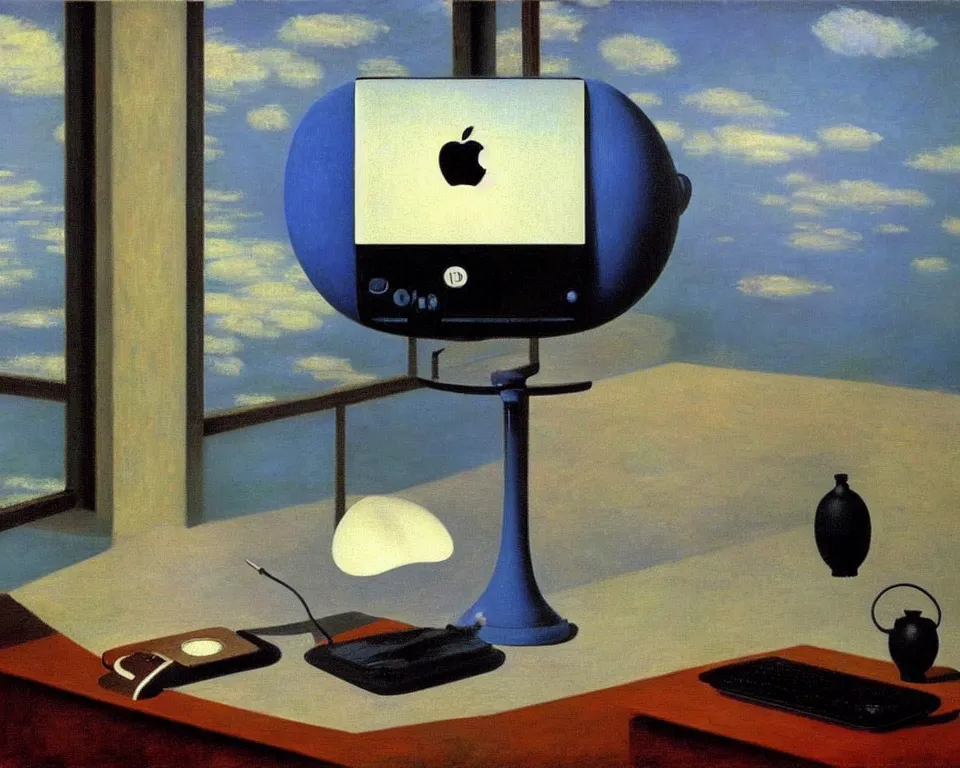 Prompt: achingly beautiful painting of a imac g 3 by rene magritte, monet, and turner. whimsical.