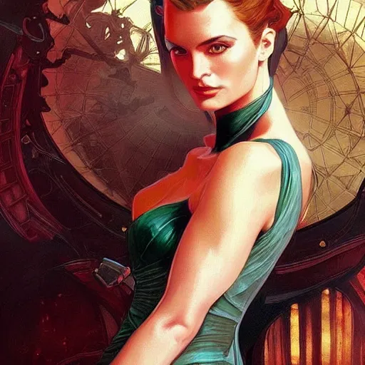 Image similar to “ daria strokous as james bond villainess with evil grin, intricate, elegant, highly detailed, digital painting, artstation, concept art, smooth, sharp focus, illustration, art by artgerm and greg rutkowski and alphonse mucha ”