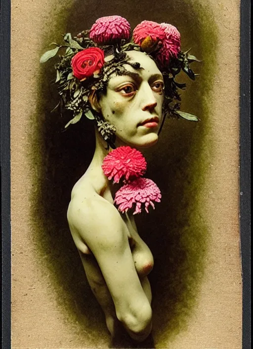 Image similar to beautiful and detailed rotten woman made of plants and many types of stylized flowers like carnation, chrysanthemum, roses and tulips, intricate, surreal, john constable, guy denning, gustave courbet, caravaggio, romero ressendi 1 9 1 0 polaroid photo