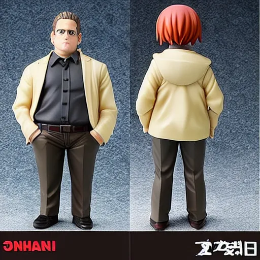 Image similar to Jonah Hill as a Figma anime figurine. Posable PVC action figurine. Detailed artbreeder face. Full body 12-inch Figma anime statue.