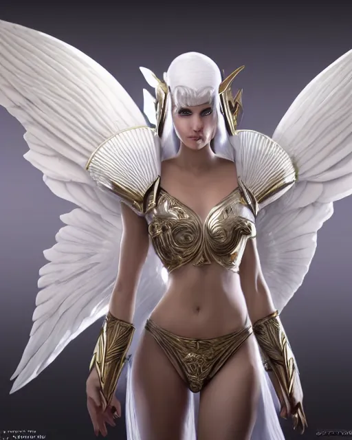 Image similar to perfect white haired egyptian goddess wearing white dove wings, warframe armor, regal, attractive, ornate, sultry, beautiful, charlize theron, half asian, pretty face, blue eyes, detailed, scifi platform, 4 k, ultra realistic, epic lighting, cinematic, masterpiece, art by akihito tsukushi, voidstar, trending on artstation