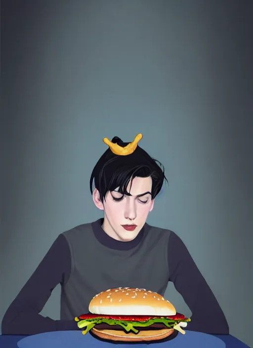 Image similar to portrait of teenage jughead jones wearing a light grey crown, crown, eating hamburger, blue turtleneck, eyes closed, crown, black hair, intricate, elegant, glowing lights, warm lighting, highly detailed, digital painting, artstation, concept art, smooth, sharp focus, illustration, art by wlop, mars ravelo and greg rutkowski