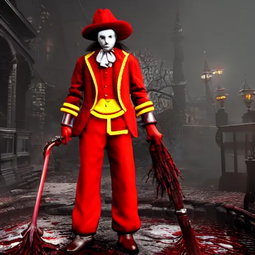 Image similar to Screenshot of Ronald McDonald in the game Bloodborne, highly detailed, front view