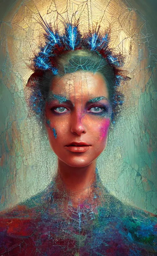 Prompt: a oil painting hyperrealism of a beautiful woman, cobwebs, spider makeup, cobwev headdress, 8 k resolution, octane render, trending on artstation, by gediminas pranckevicius, volumetric light 2 blue fractal thunder glow by dan mumford, anaglyph effect, laurie lipton