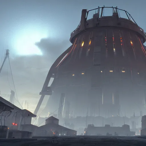 Image similar to the citadel from half - life by simon stalenhag, 4 k, hdr, tonemapping, goldsrc, half - life engine, black mesa, wad file, detailed, atmospheric, majestical lighting