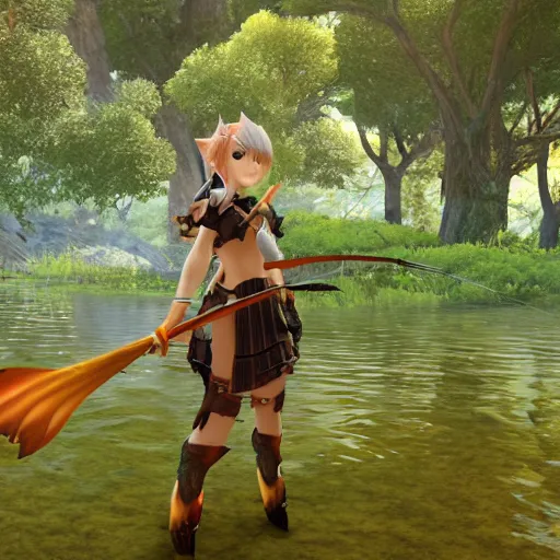 Image similar to final fantasy xiv miqote fishing near a lake in the forest, peaceful, dawn, in - game rendered, 4 k, detailed, warrior of light