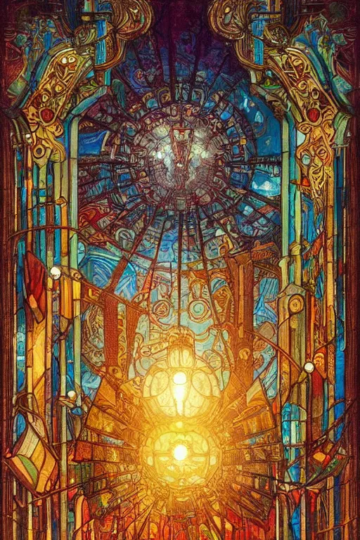 Prompt: cityscape made out of stained glass, art nouveau, steampunk, bright colors, intricate, highly detailed, elegant, sun shining through, sharp focus, art by rembrandt, tom bagshaw, and quentin mabille, artstation