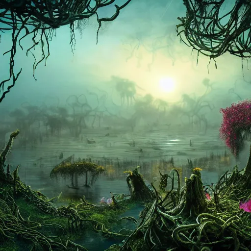 Image similar to An incredibly beautiful but ominous matte painting depicting a profusion of evil carnivorous vines and colorful flowers and lush exotic trees and bloated toadstools, with horrifying huge burning eyes and jagged bloody teeth, overgrowing a desolate ruins submerged in fog beneath the setting sun, nvidia, vray, evening, epic scale