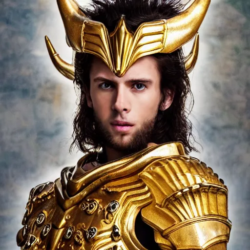 Image similar to A radiant, extreme long shot, photo of a 27-year-old Caucasian male wearing the Capricorn Gold Armor, Beautiful gold Saint, Jaw-Dropping Beauty, gracious, aesthetically pleasing, dramatic eyes, intense stare, immense cosmic aura, from Knights of the Zodiac Saint Seiya, inside the Old Temple of Athena Greece,4k high resolution, Detailed photo, Photoshopped, Award Winning Photo, Deep depth of field, f/22, 35mm, make all elements sharp, at golden hour, Light Academia aesthetic, Socialist realism, by Annie Leibovitz