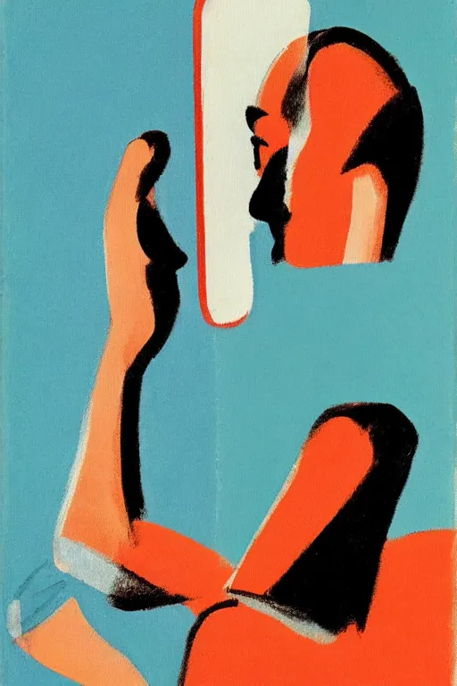 Image similar to man looking into a mirror, 1960’s minimalist advertising illustration, painterly, expressive brush strokes