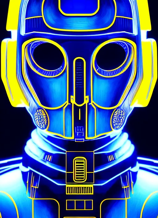 Image similar to symmetry portrait of c 3 p 0, sci - fi, tech wear, blue and yellow glowing lights, intricate, elegant, highly detailed, digital painting, artstation, smooth, sharp focus