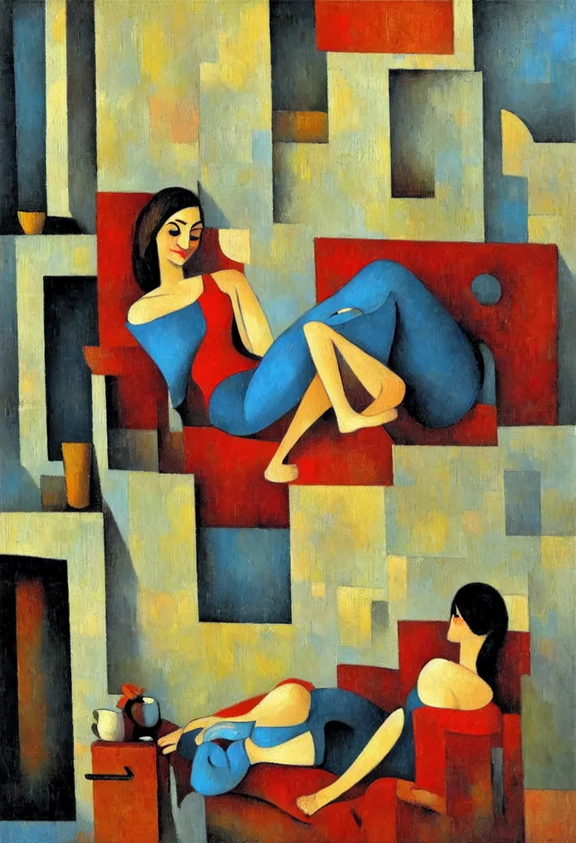 Prompt: figurative oil painting of a woman relaxing in her cosy home, art by didier lourenco, spanish modernism style, patterned background, balanced and aesthetically pleasing colors