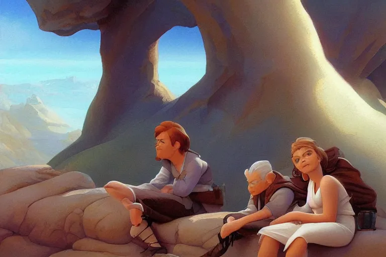 Prompt: beautiful painting of friends, beautiful faces, sitting on the edge, cute, soft light, digital painting by ralph mcquarrie and franklin booth